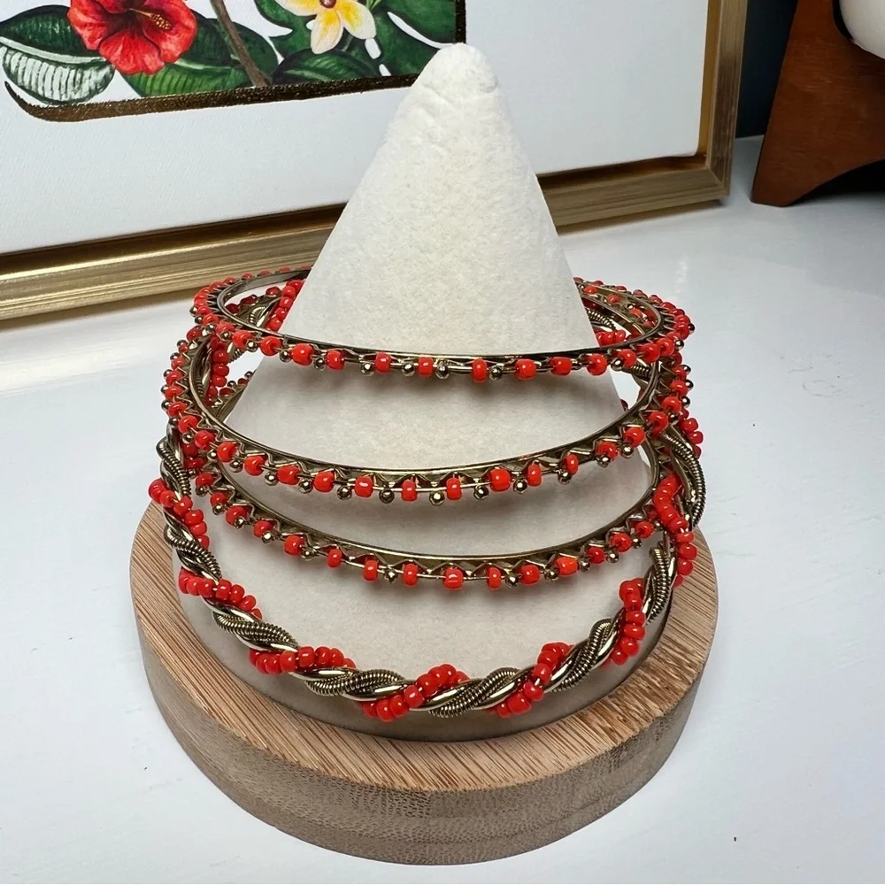 Coral Red 4 Beaded Bracelets Set with Gold Twist Accents - Stackable, Boho Style